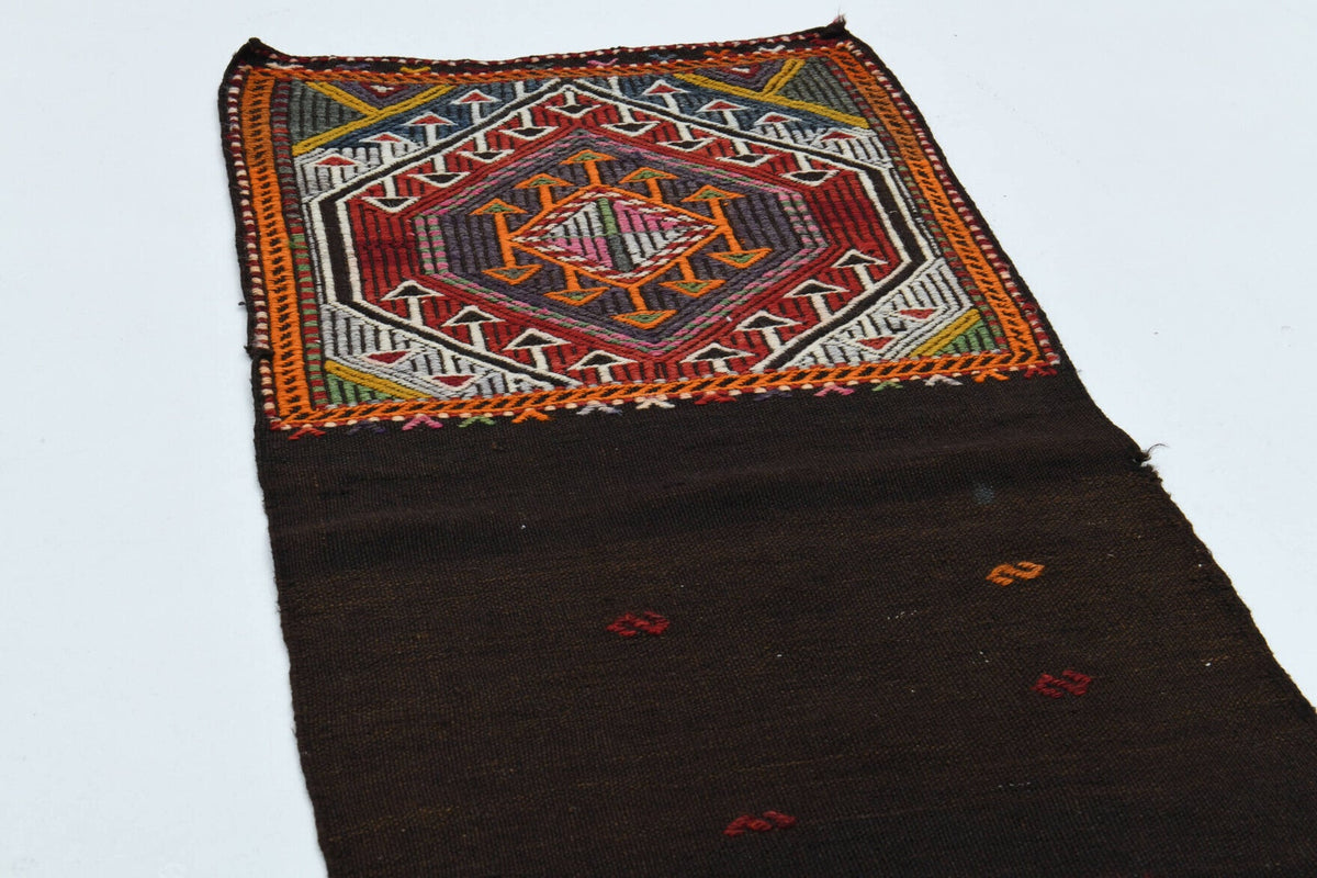 El yapımı vintage yolluk 46x229 cm tribal desenli yün - kenar ve saçak detayı