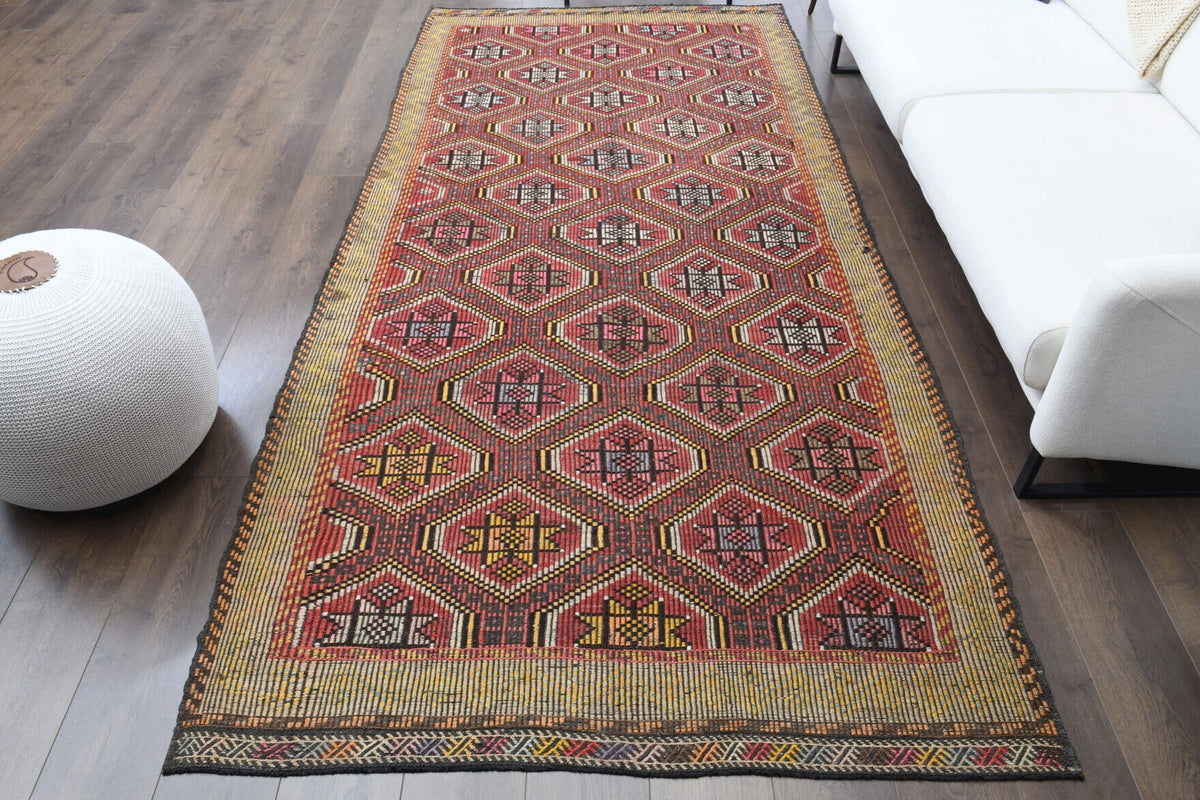 El yapımı vintage yolluk 150x320 cm i̇kat desenli yün - detay görünümü