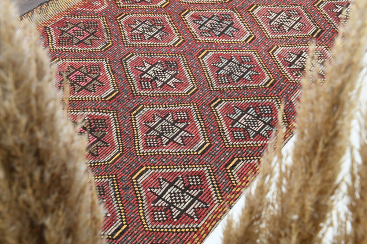 El yapımı vintage yolluk 150x320 cm i̇kat desenli yün - yakın çekim doku detayı