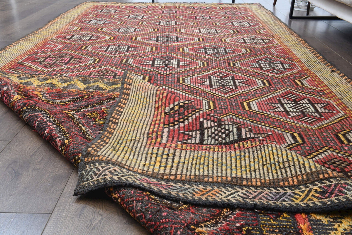 El yapımı vintage yolluk 150x320 cm i̇kat desenli yün - kenar ve saçak detayı