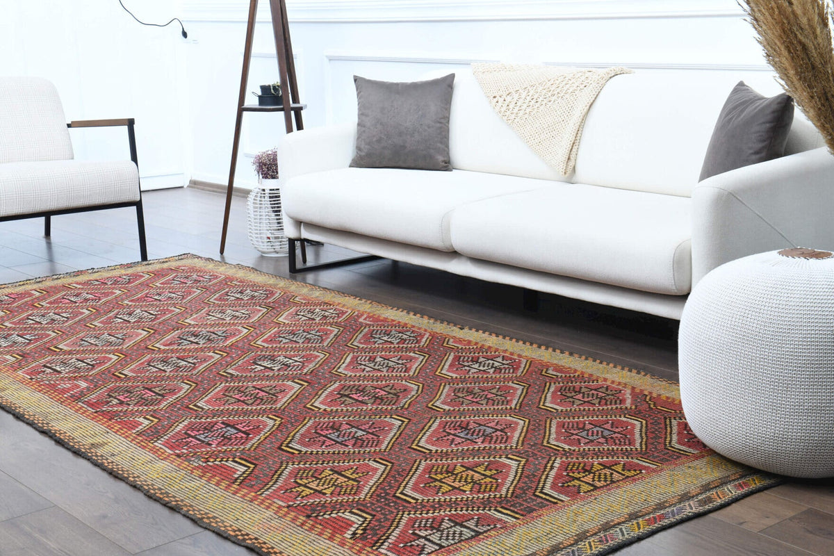 El yapımı vintage yolluk 150x320 cm i̇kat desenli yün - üstten görünüm