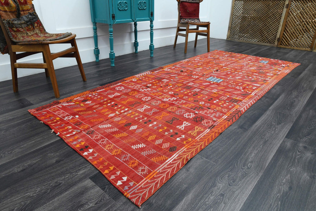 El yapımı vintage yolluk 127x307 cm i̇kat desenli yün - yakın çekim doku detayı
