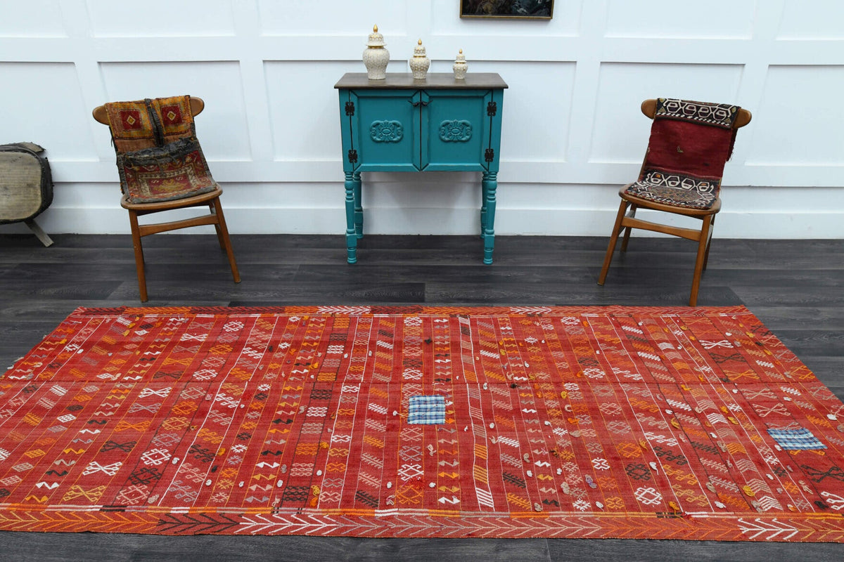 El yapımı vintage yolluk 127x307 cm i̇kat desenli yün - kenar ve saçak detayı