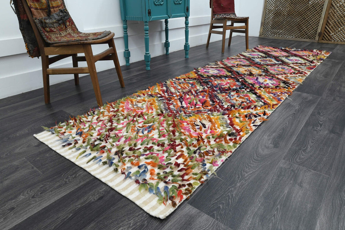 El yapımı vintage yolluk 97x353 cm geometrik desenli yün - yakın çekim doku detayı