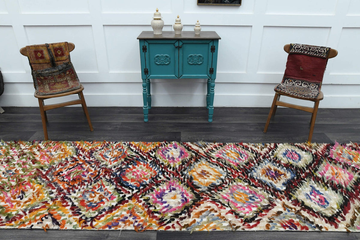 El yapımı vintage yolluk 97x353 cm geometrik desenli yün - kenar ve saçak detayı