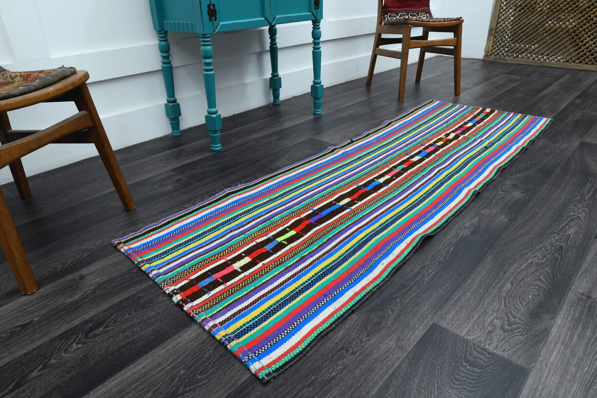 El yapımı vintage yolluk 71x208 cm çizgili desenli yün - yakın çekim doku detayı