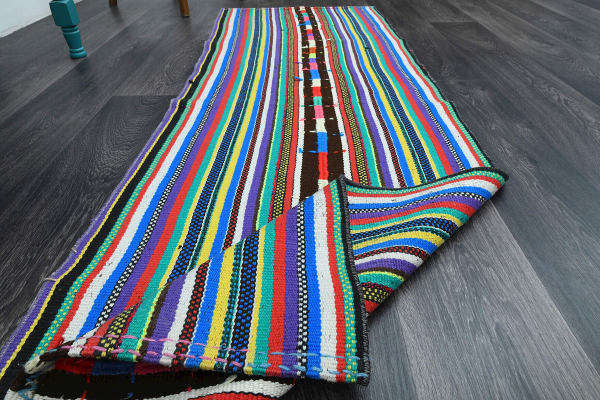 El yapımı vintage yolluk 71x208 cm çizgili desenli yün - ışık altında renk detayı