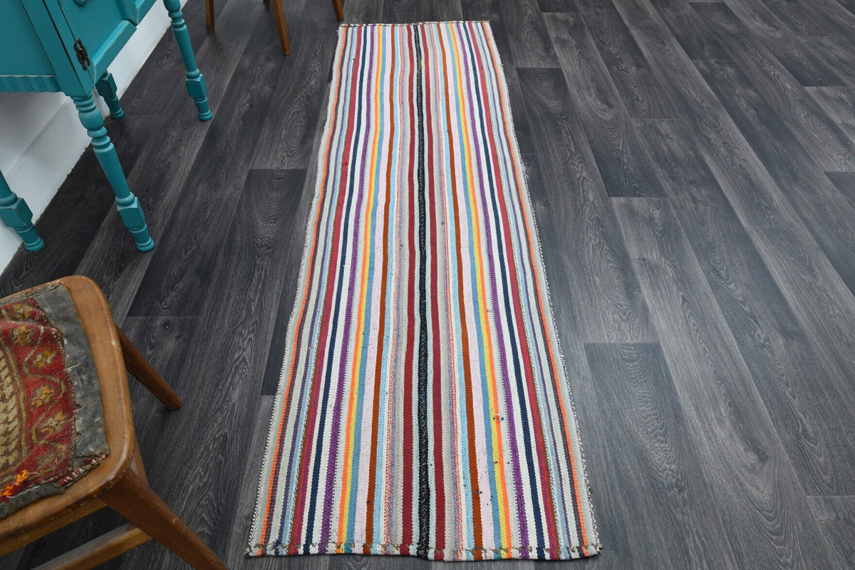 El yapımı vintage halı 74x246 cm çizgili desenli yün - detay görünümü