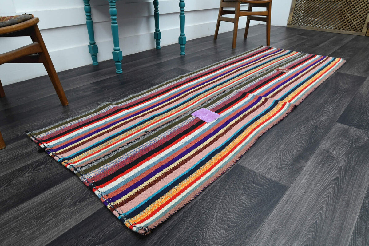 El yapımı vintage halı 81x234 cm çizgili desenli yün - yakın çekim doku detayı