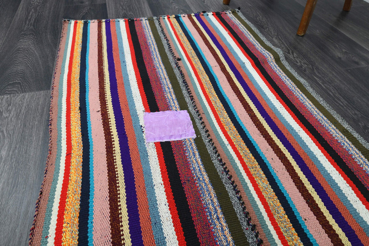 El yapımı vintage halı 81x234 cm çizgili desenli yün - desen detayı