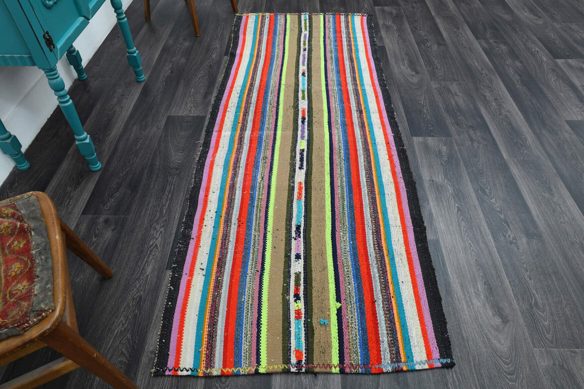 El yapımı vintage halı 94x241 cm çizgili desenli yün - detay görünümü