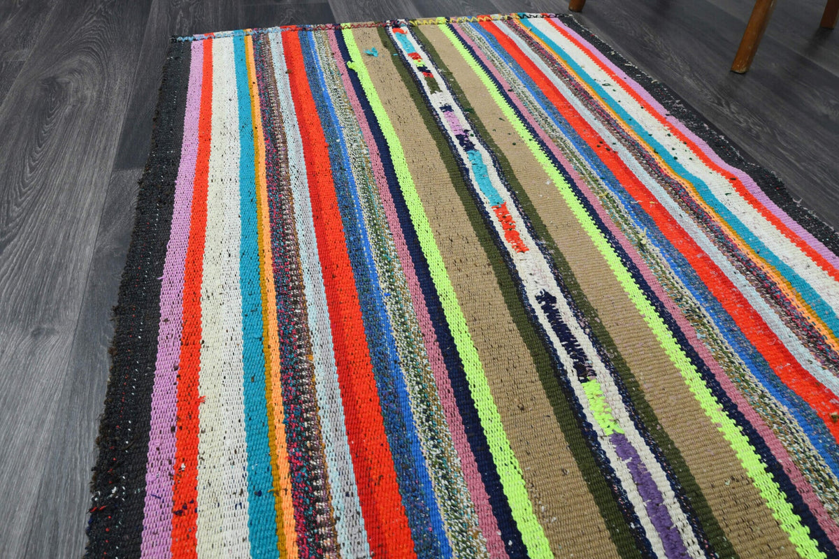 El yapımı vintage halı 94x241 cm çizgili desenli yün - desen detayı