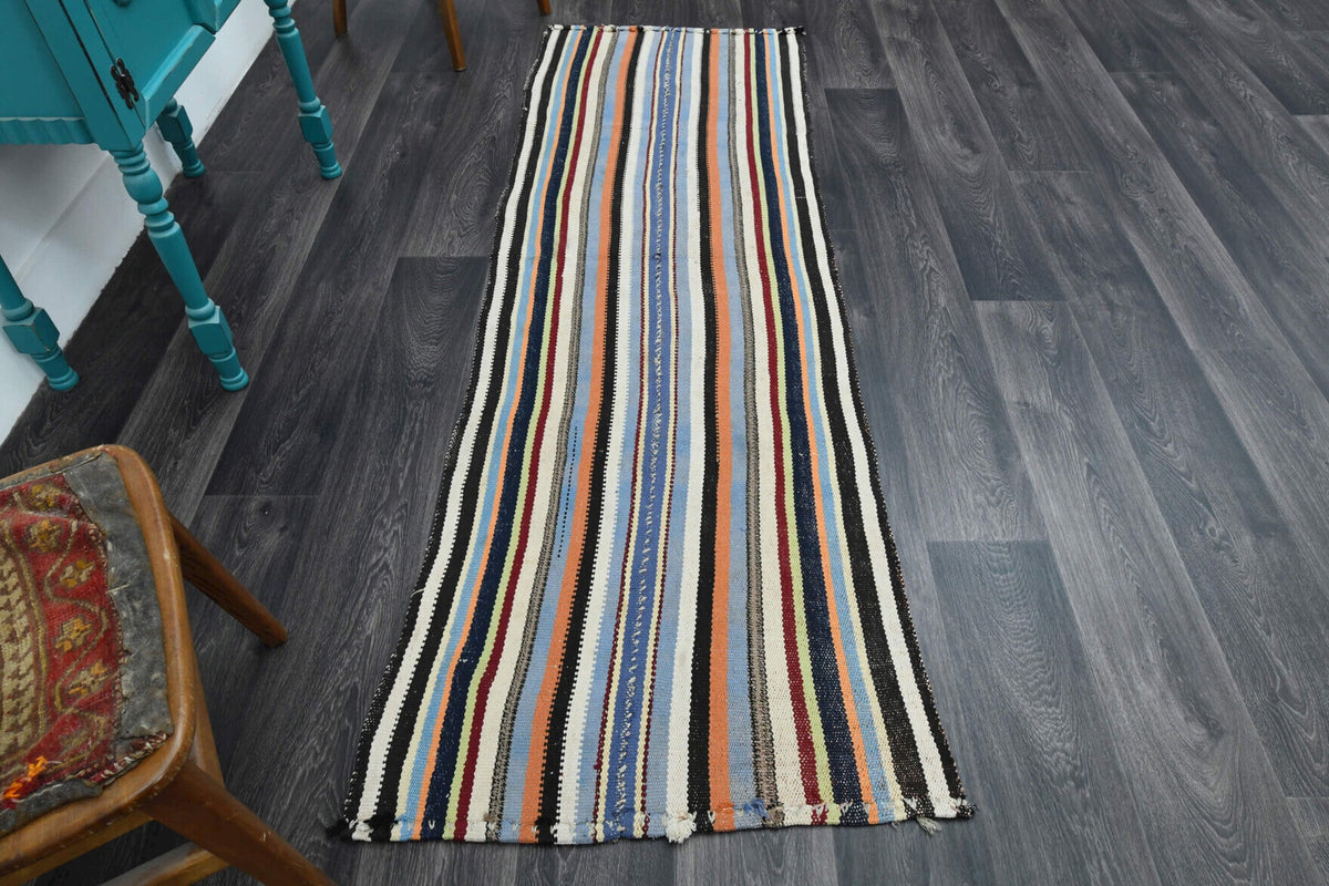 El yapımı vintage yolluk 79x231 cm çizgili desenli yün - detay görünümü