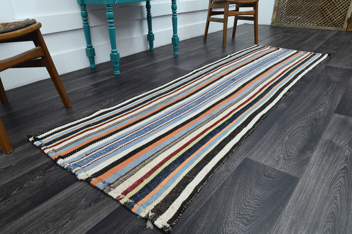 El yapımı vintage yolluk 79x231 cm çizgili desenli yün - yakın çekim doku detayı