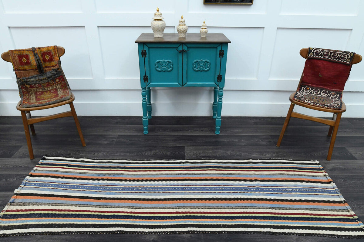 El yapımı vintage yolluk 79x231 cm çizgili desenli yün - kenar ve saçak detayı