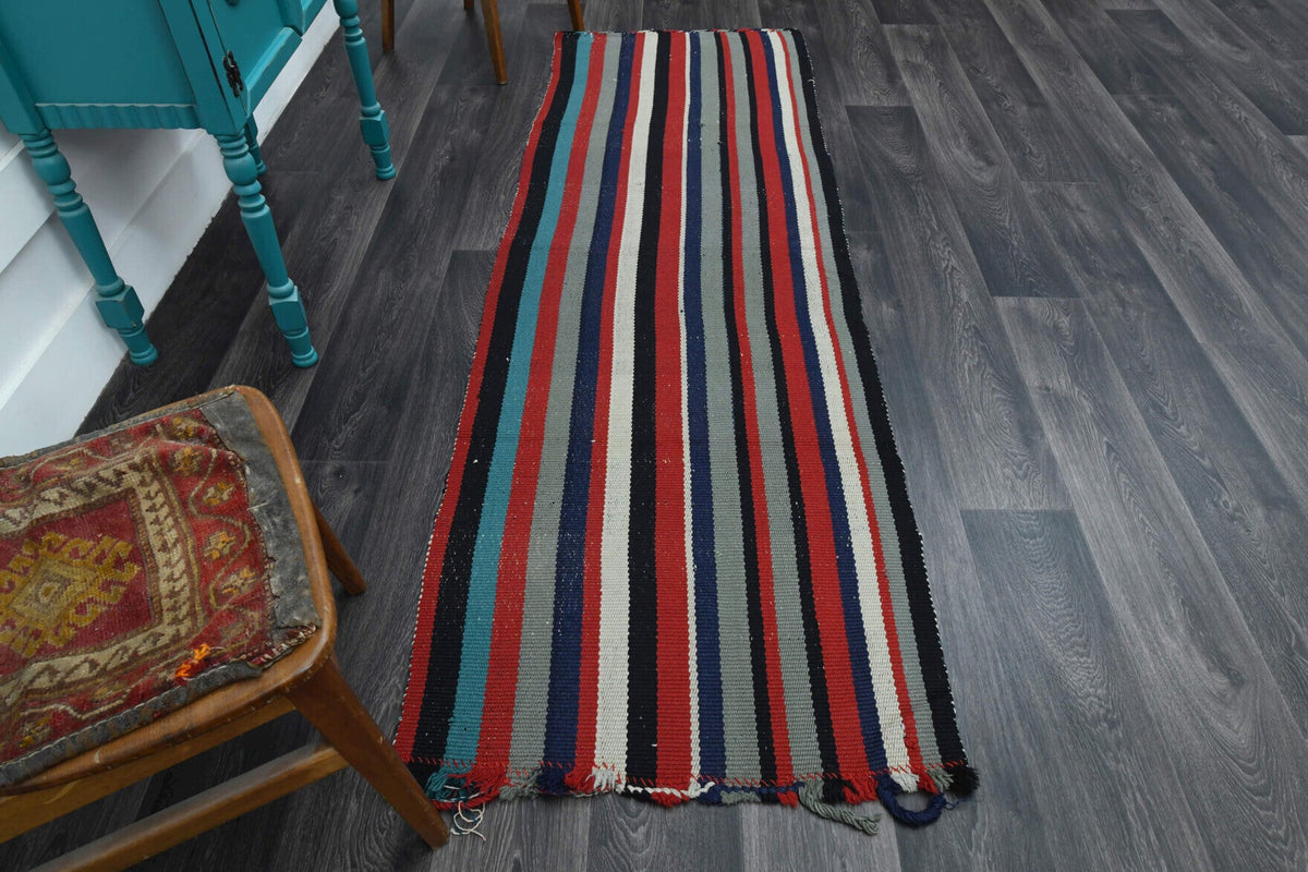 El yapımı vintage yolluk 79x246 cm çizgili desenli yün - detay görünümü