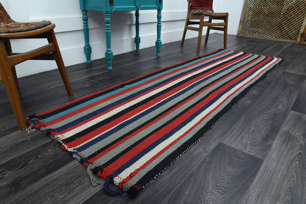 El yapımı vintage yolluk 79x246 cm çizgili desenli yün - yakın çekim doku detayı