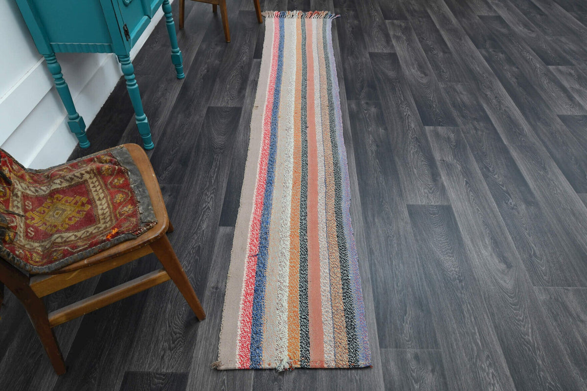 El yapımı vintage halı 51x279 cm çizgili desenli yün - detay görünümü