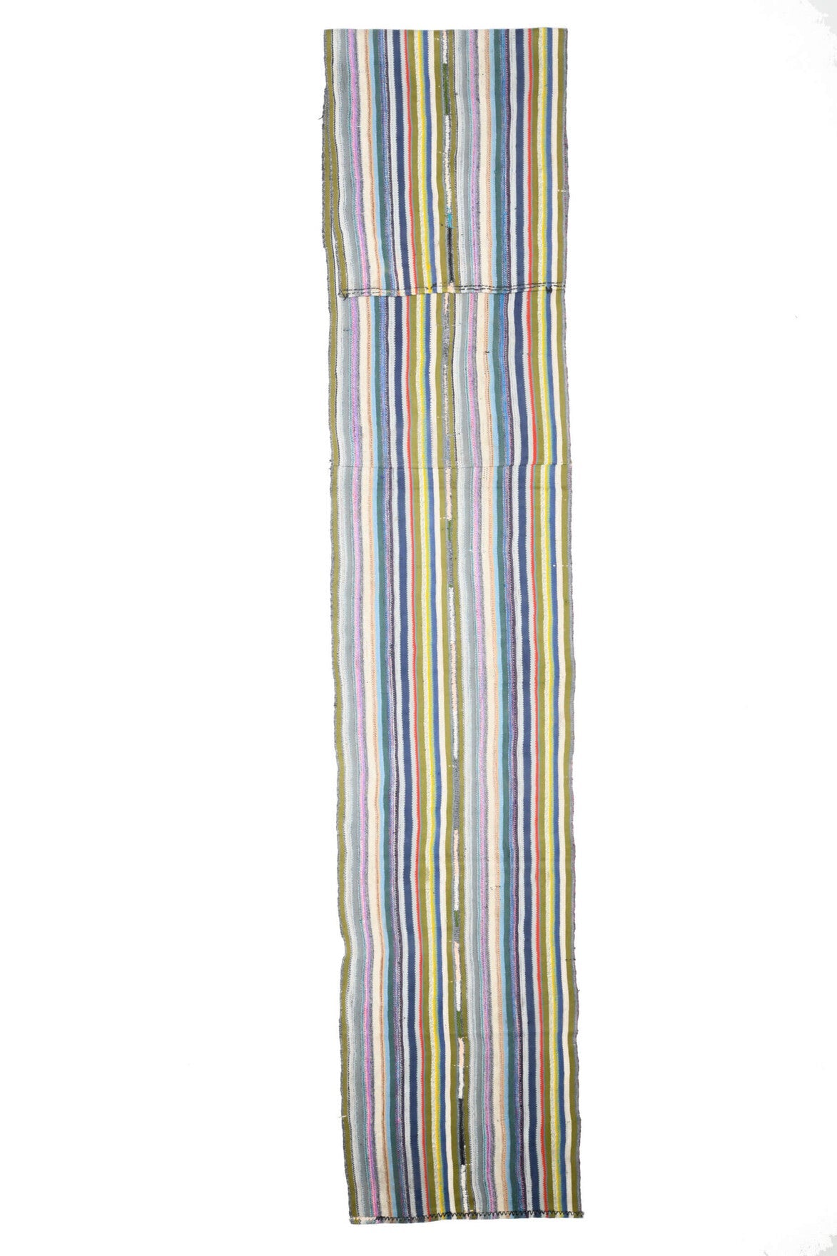 El yapımı vintage yolluk 81x503 cm çizgili desenli yün - ışık altında renk detayı