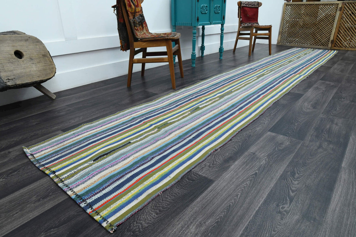 El yapımı vintage yolluk 81x503 cm çizgili desenli yün - yakın çekim doku detayı