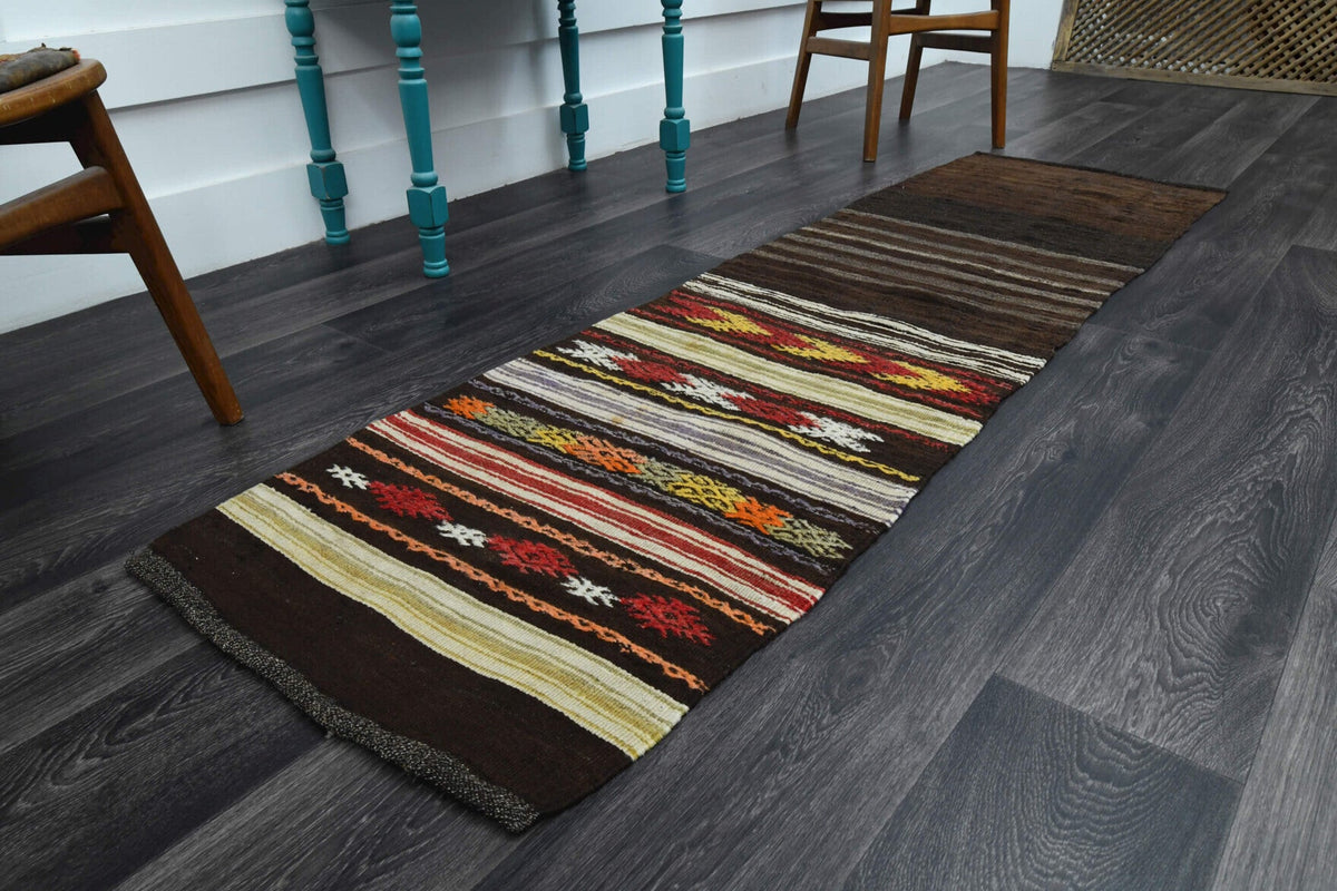El yapımı vintage yolluk 64x226 cm i̇kat desenli yün - yakın çekim doku detayı