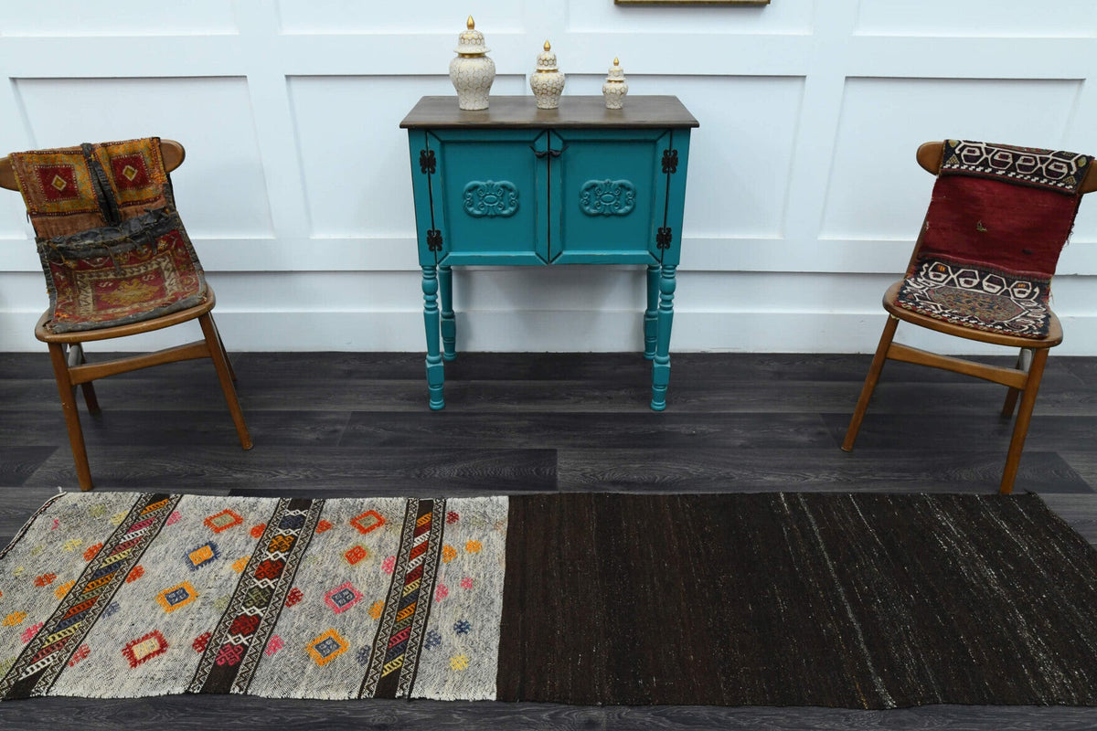 El yapımı vintage yolluk 66x272 cm i̇kat desenli yün - kenar ve saçak detayı