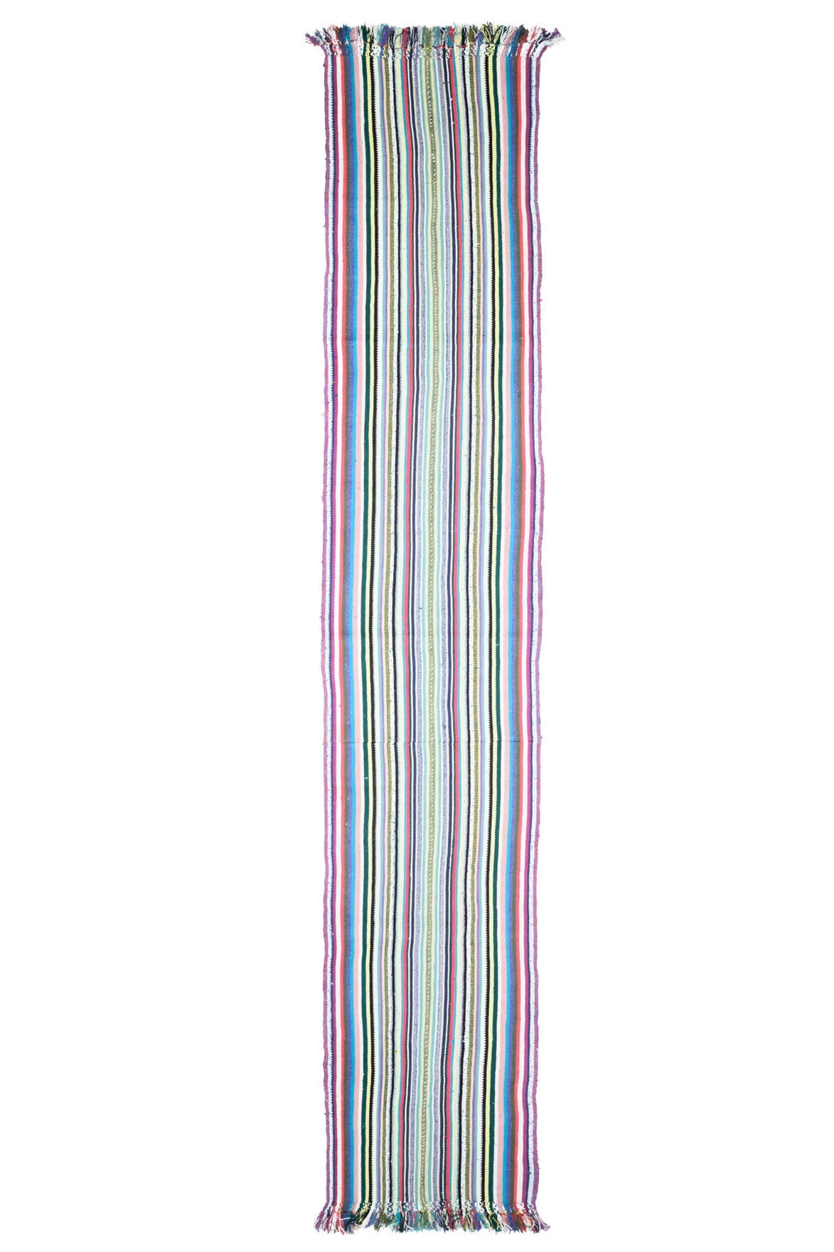 El yapımı vintage yolluk 79x432 cm çizgili desenli yün - ışık altında renk detayı