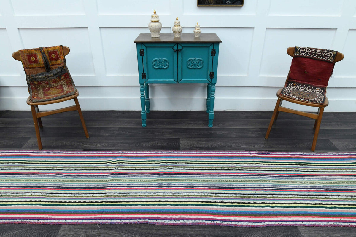 El yapımı vintage yolluk 79x432 cm çizgili desenli yün - kenar ve saçak detayı