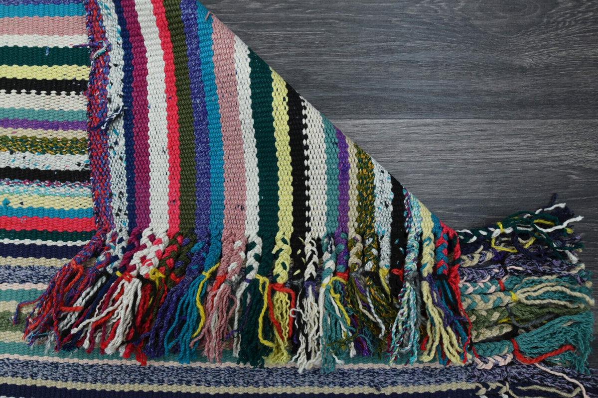 El yapımı vintage yolluk 79x432 cm çizgili desenli yün - açık alan görünümü