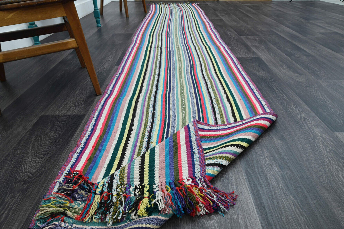 El yapımı vintage yolluk 79x432 cm çizgili desenli yün - farklı açıdan görünüm