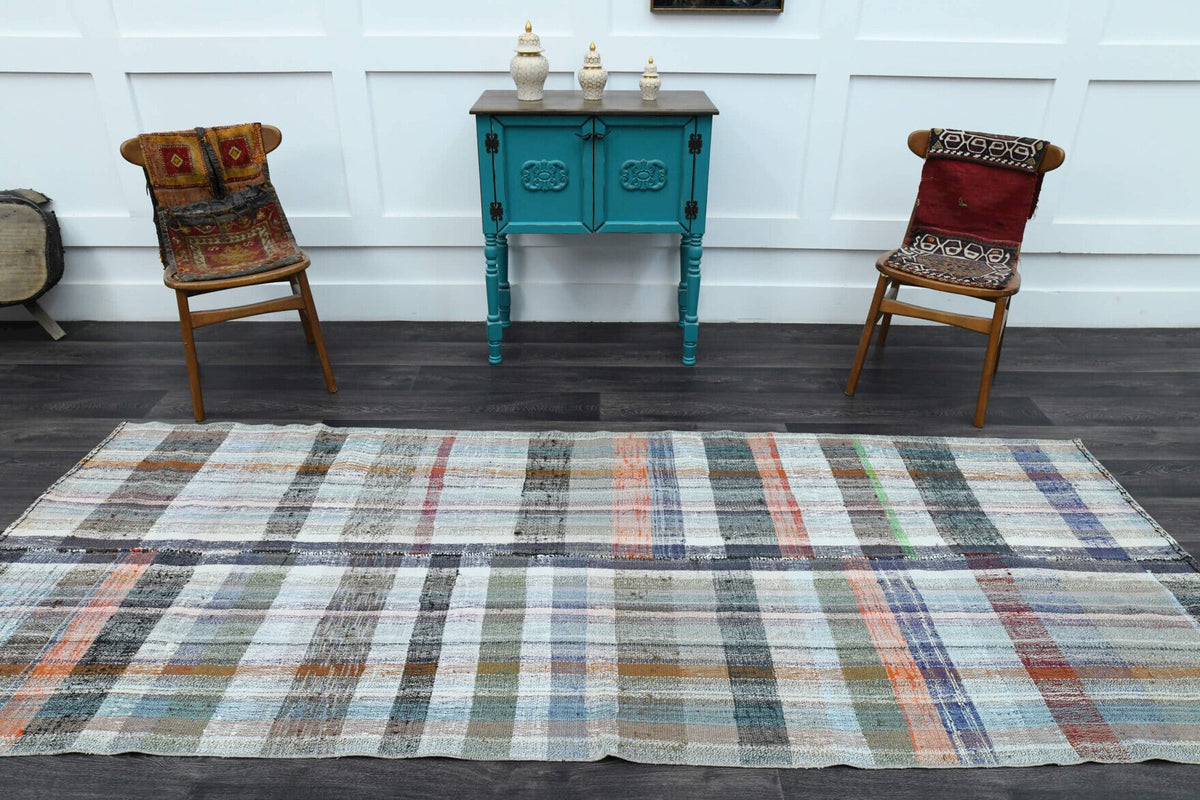 El yapımı vintage halı 124x310 cm düz desenli yün - kenar ve saçak detayı