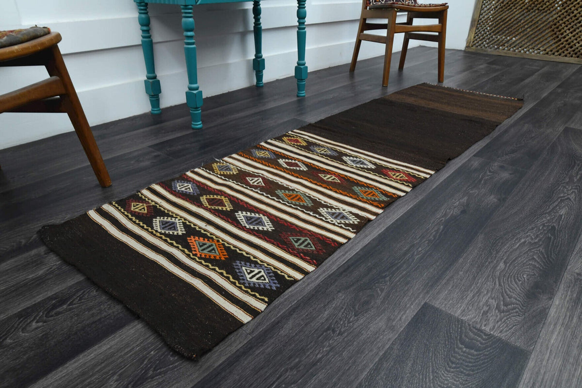 El yapımı vintage yolluk 64x226 cm i̇kat desenli yün - yakın çekim doku detayı
