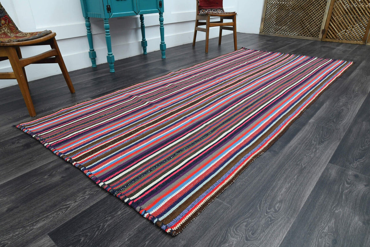 El yapımı vintage yolluk 132x279 cm çizgili desenli yün - yakın çekim doku detayı