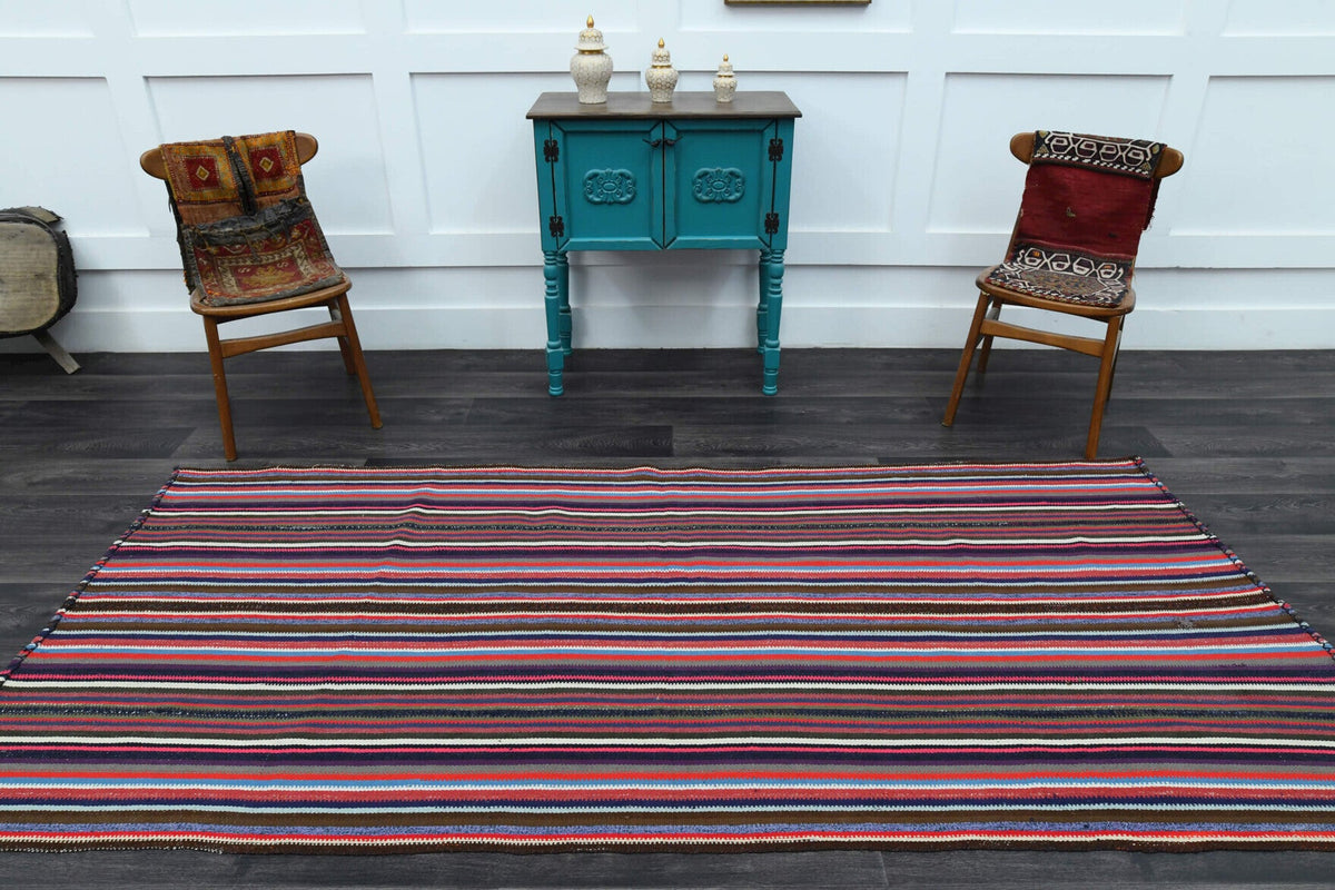 El yapımı vintage yolluk 132x279 cm çizgili desenli yün - kenar ve saçak detayı