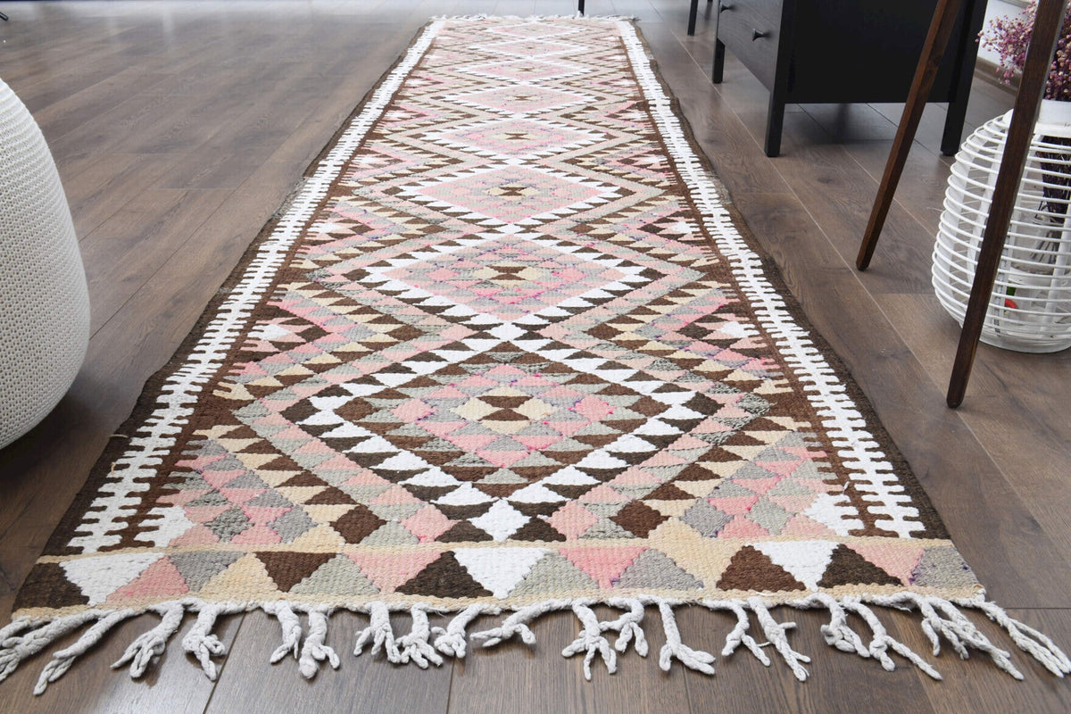 El yapımı vintage halı 89x368 cm i̇kat desenli yün - yakın çekim doku detayı