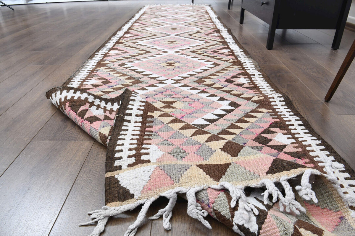 El yapımı vintage halı 89x368 cm i̇kat desenli yün - kenar ve saçak detayı