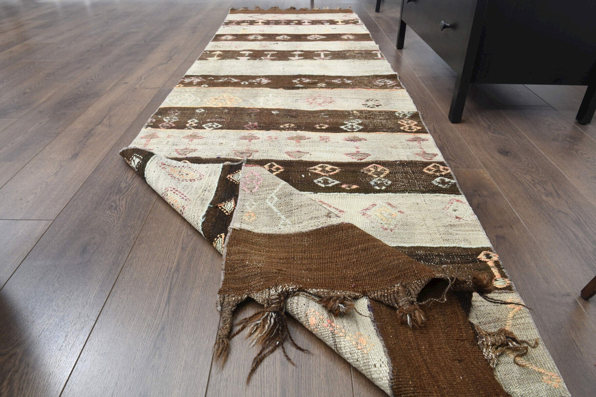 El yapımı vintage halı 81x279 cm çizgili desenli yün - yakın çekim doku detayı