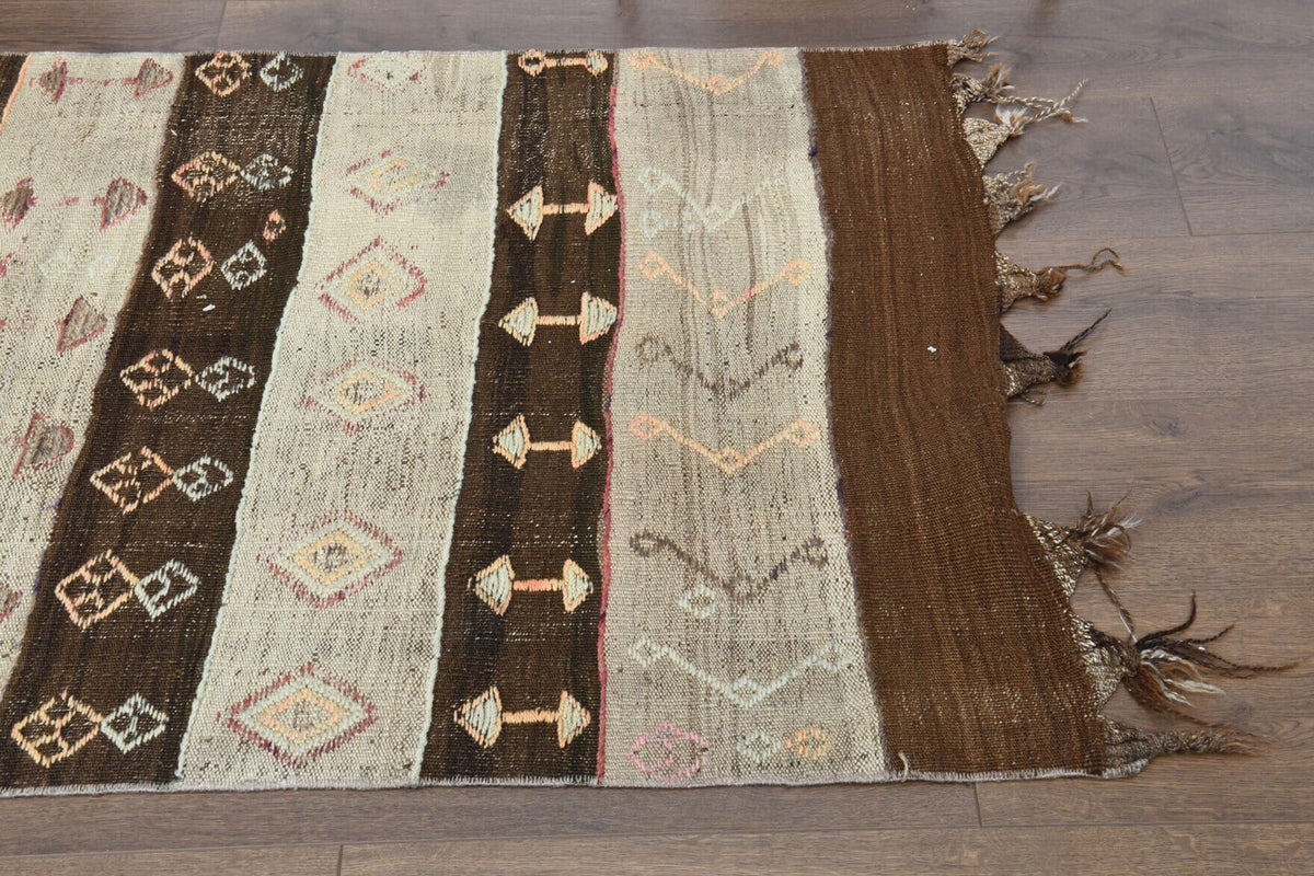El yapımı vintage halı 81x279 cm çizgili desenli yün - kenar ve saçak detayı