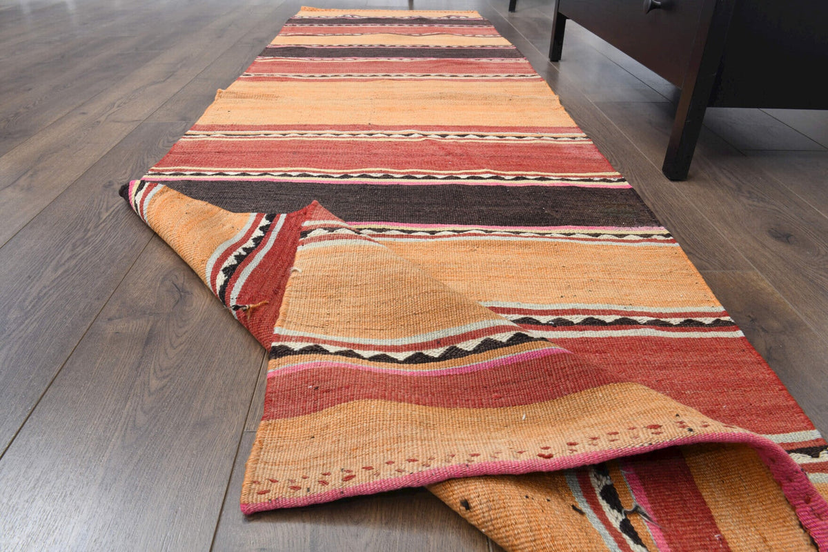 El yapımı vintage yolluk 61x244 cm çizgili desenli yün - kenar ve saçak detayı
