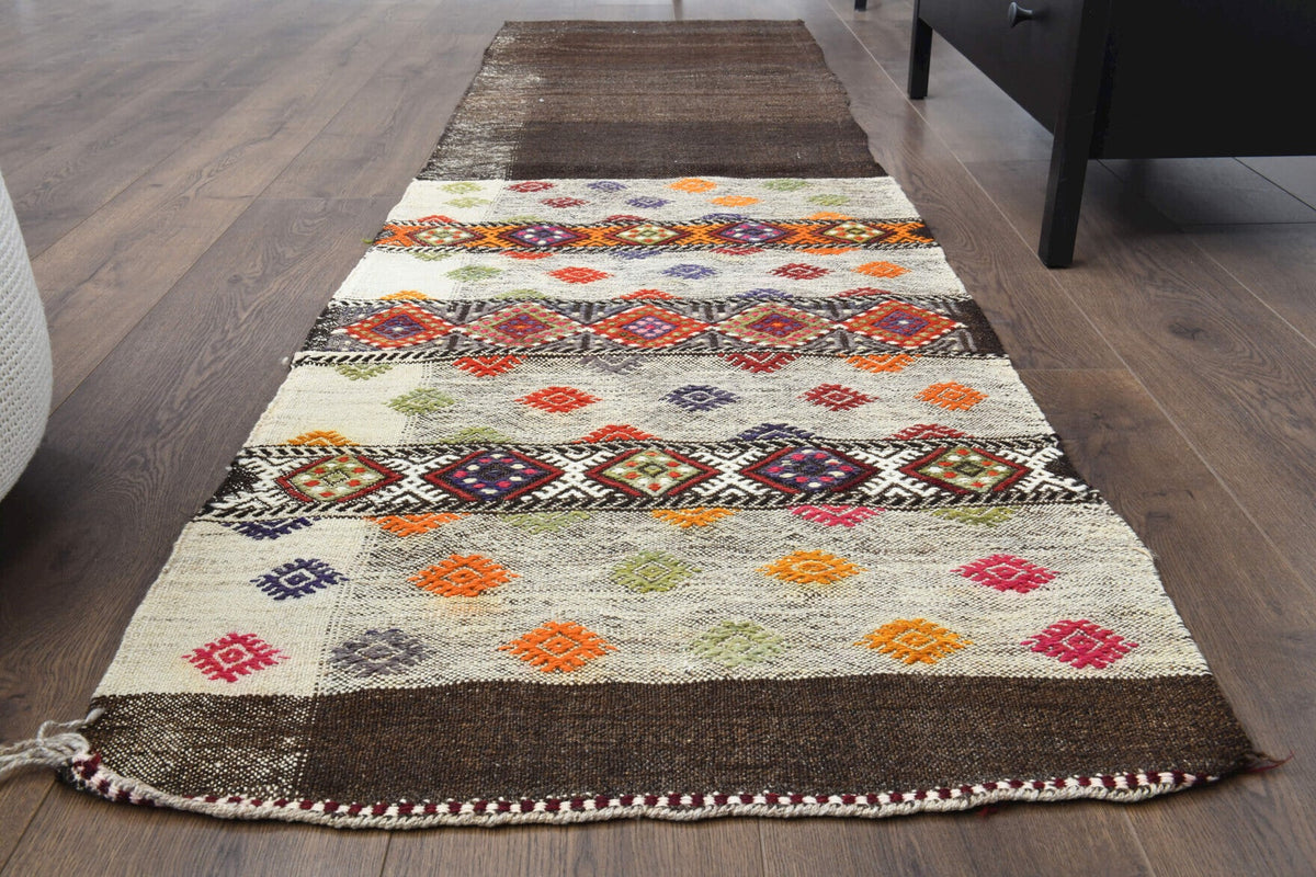 El yapımı vintage halı 61x213 cm tribal desenli yün - detay görünümü