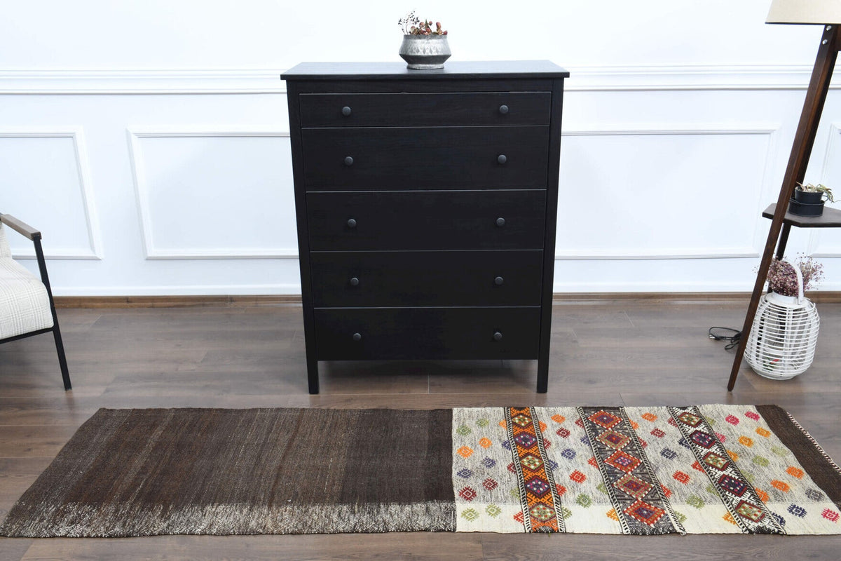 El yapımı vintage halı 61x213 cm tribal desenli yün - desen detayı