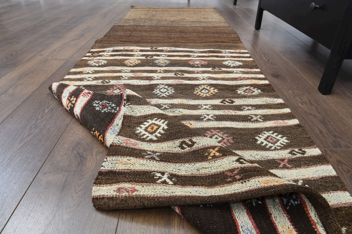 El yapımı vintage yolluk 61x213 cm i̇kat desenli yün - yakın çekim doku detayı