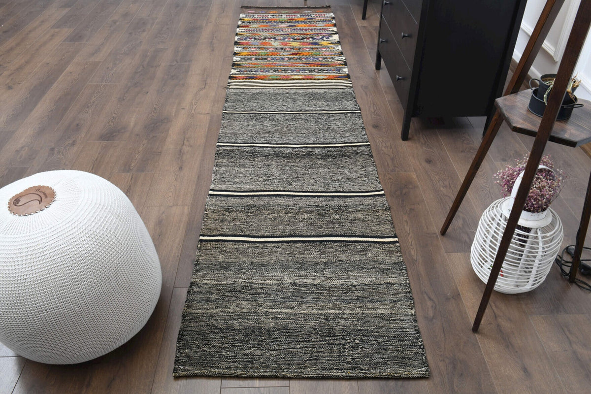 El yapımı vintage yolluk 61x305 cm i̇kat desenli yün - detay görünümü