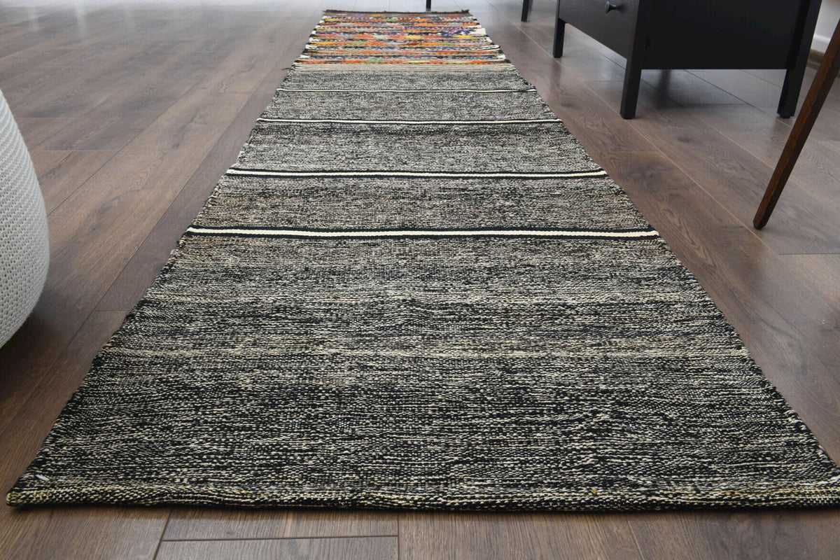 El yapımı vintage yolluk 61x305 cm i̇kat desenli yün - yakın çekim doku detayı