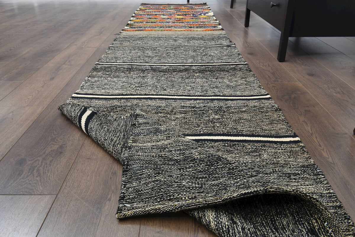 El yapımı vintage yolluk 61x305 cm i̇kat desenli yün - kenar ve saçak detayı