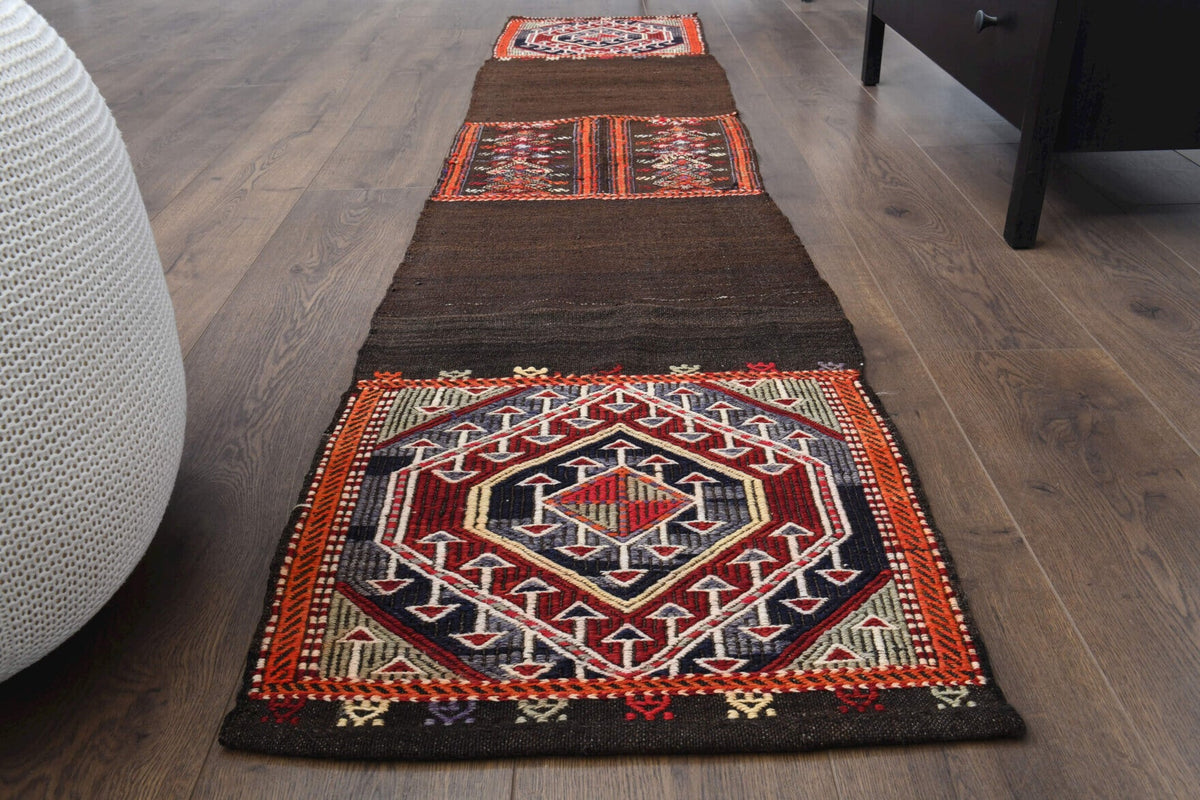 El yapımı vintage yolluk 51x234 cm geleneksel desenli yün - yakın çekim doku detayı