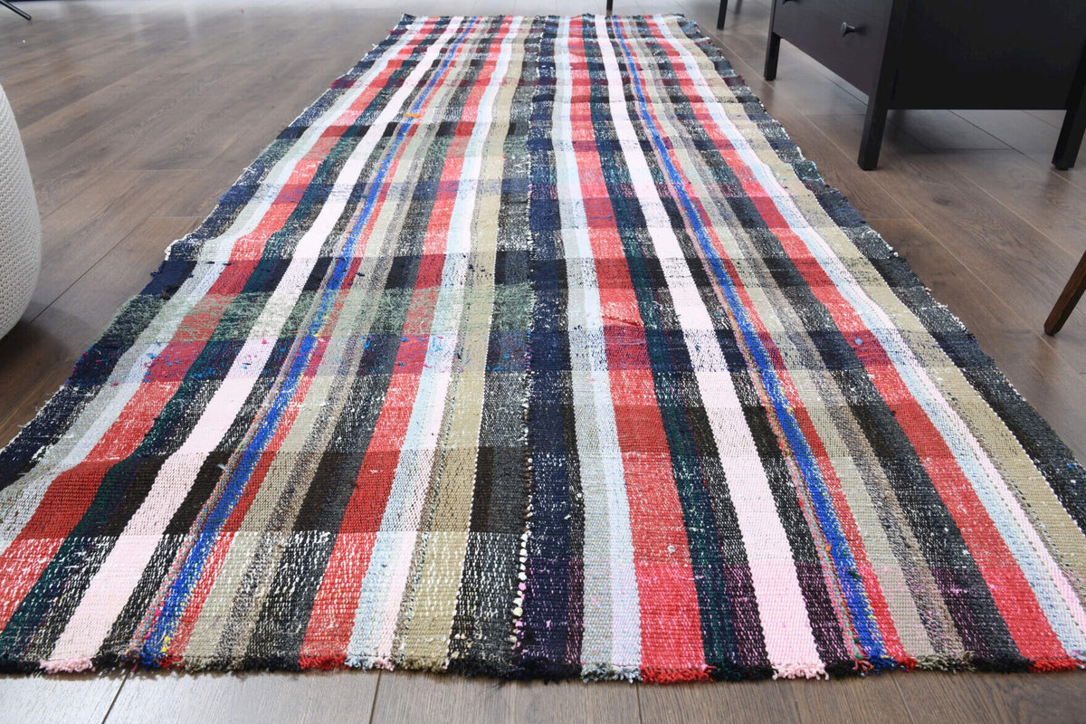 El yapımı vintage yolluk 117x325 cm çizgili desenli yün - yakın çekim doku detayı