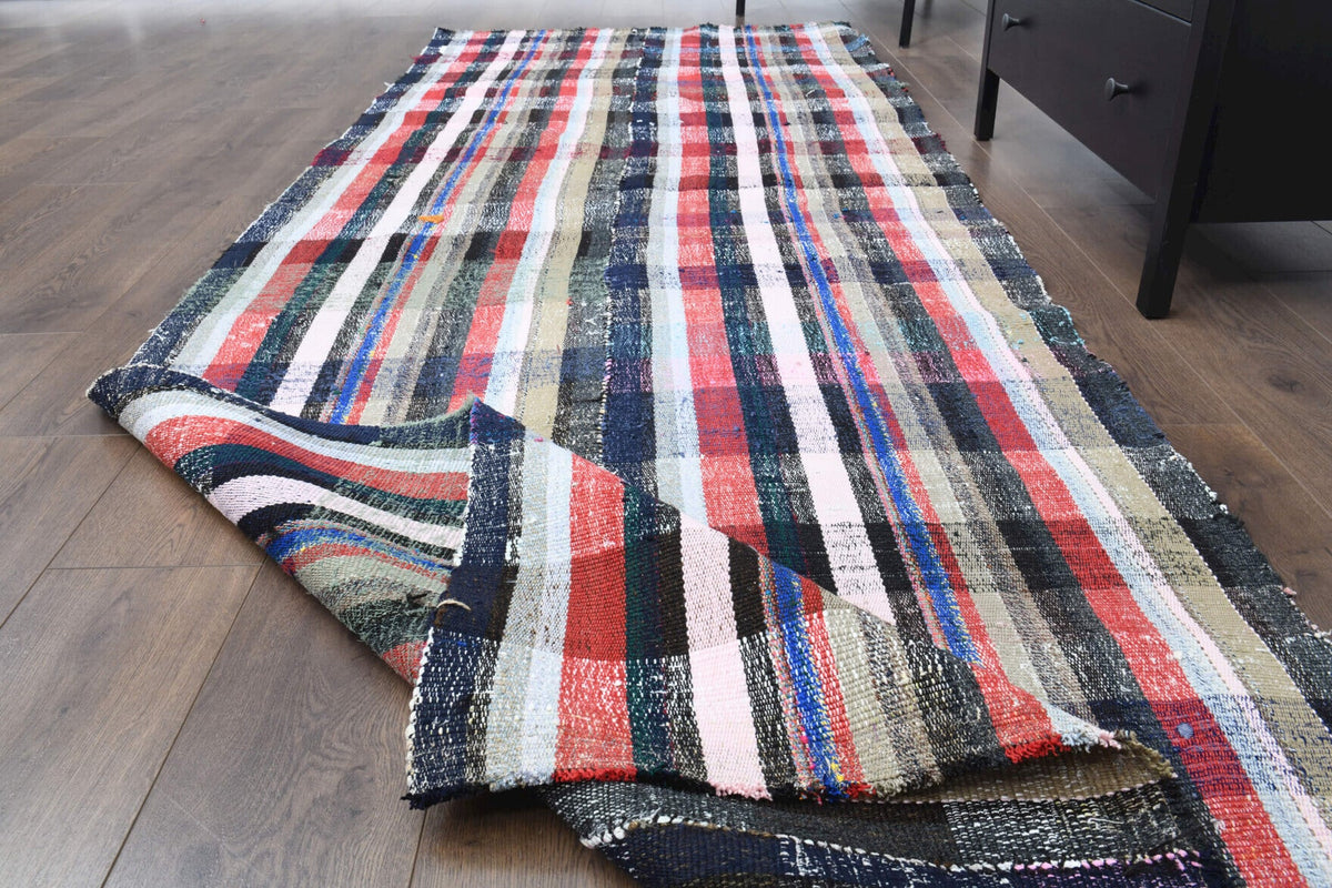 El yapımı vintage yolluk 117x325 cm çizgili desenli yün - kenar ve saçak detayı