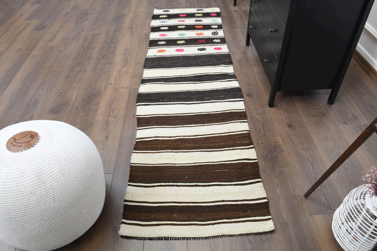 El yapımı vintage yolluk 74x257 cm çizgili desenli yün - detay görünümü