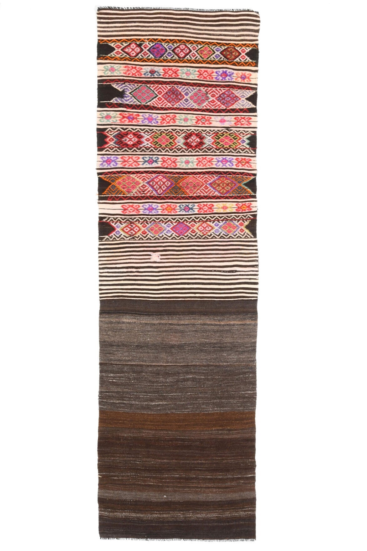 El yapımı vintage halı 76x254 cm geometrik desenli yün - ışık altında renk detayı